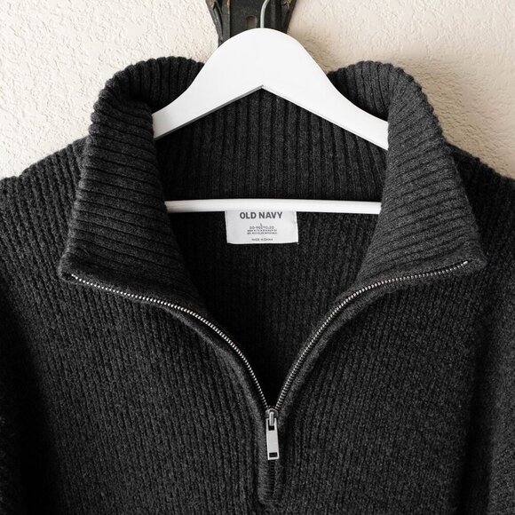 Old Navy Dress Sz L Dark Gray Knit 1/4 Zip Ribbed Long Sleeve Shift Recycled - Picture 4 of 8
